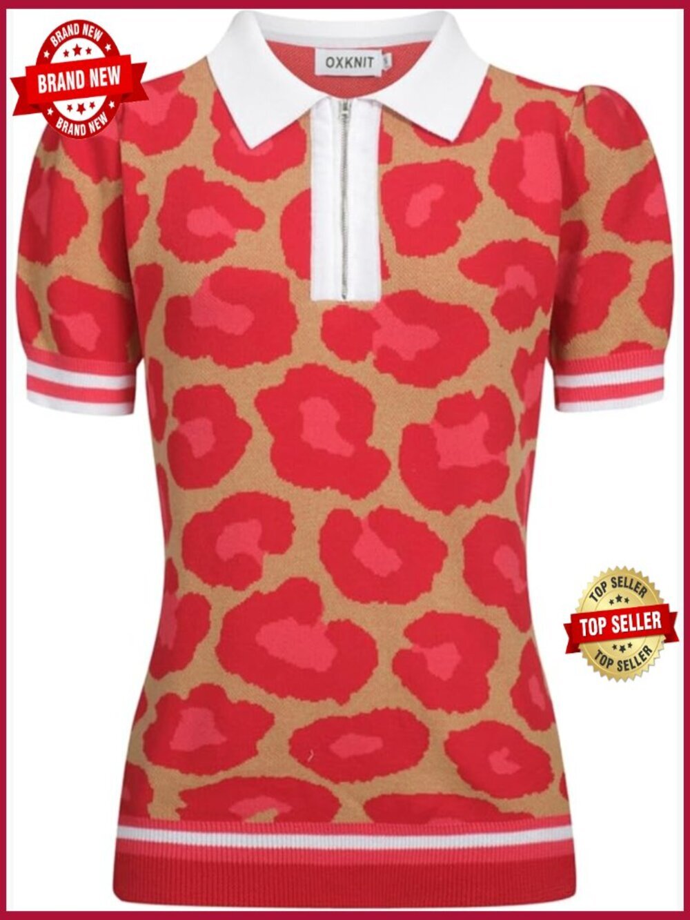 Womens Vintage Retro Knit Polo Shirt Short Sleeve V-Neck Quarter Zip